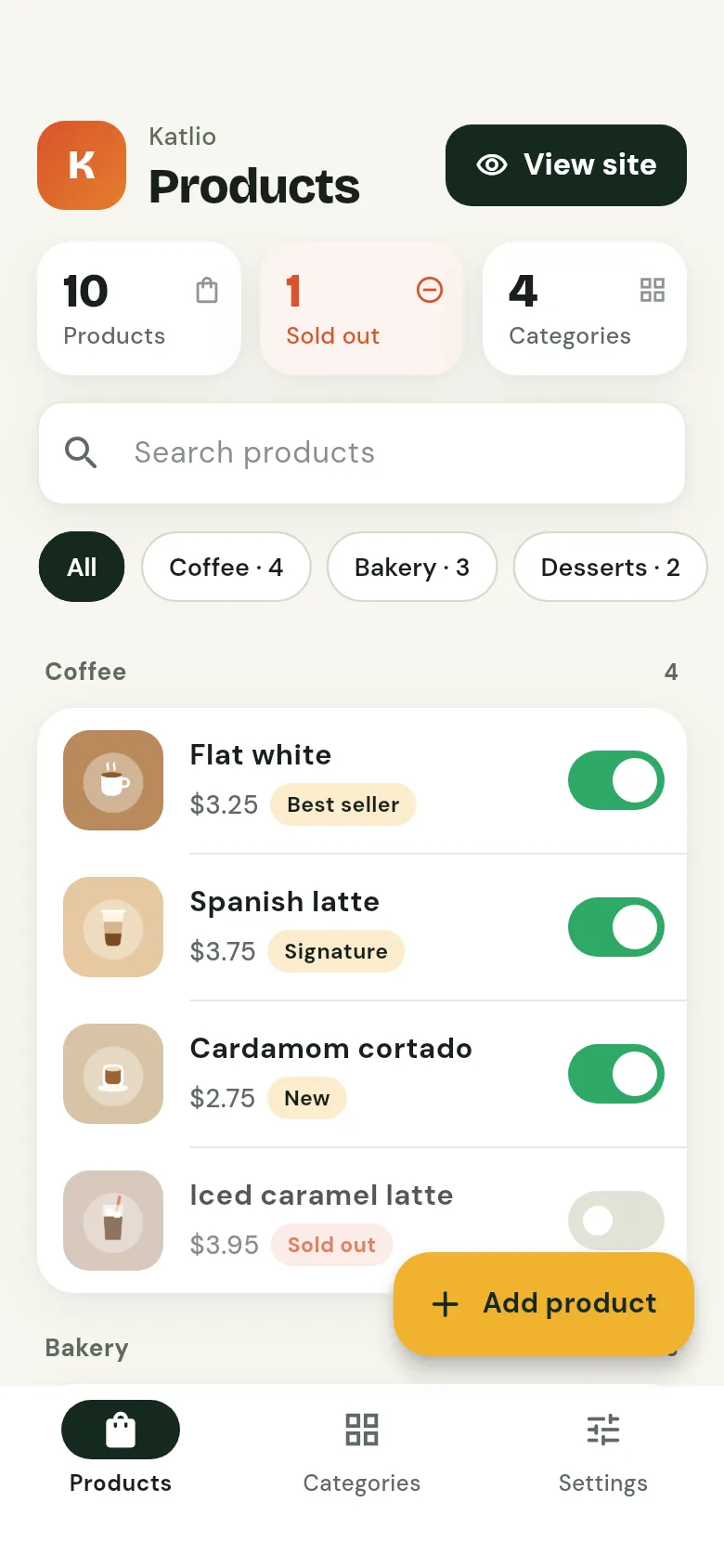 The Katlio app on a phone, listing a café's coffees with prices and sold-out switches