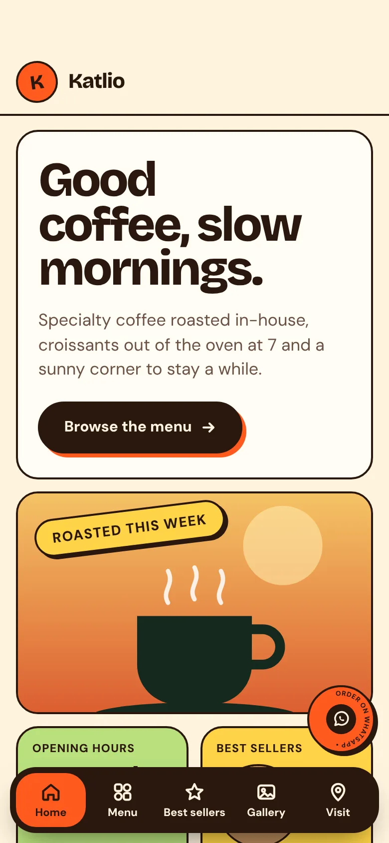 A café website made with a Katlio template, open on a phone